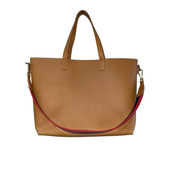 New Mark & Graham Large Perforated Tan Leather Tote Bag With Red Interior & Adju - Picture 5 of 9